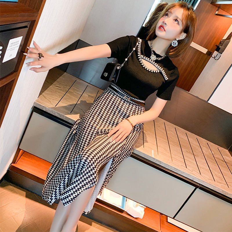 フロントオープンビジュートップス×サイドスリットモダンプリントスカート【上下別売り可】