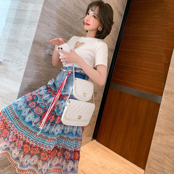 ハートカットTシャツ×エスニックシアーコンビネーションデニムスカート【上下別売り可】