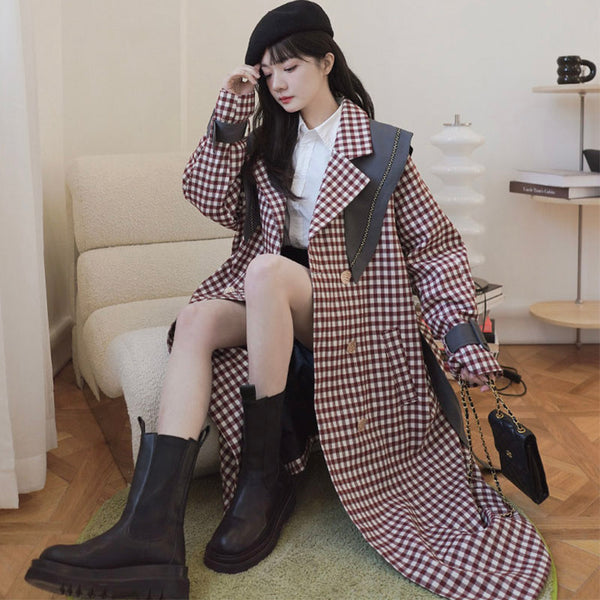 ビッグカラーコンビギンガムチェックロングトレンチコート(2colors)