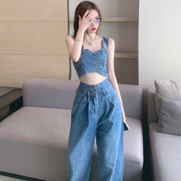 ボタン付きデニムビスチェ×ハイウエストワイドデニムパンツ