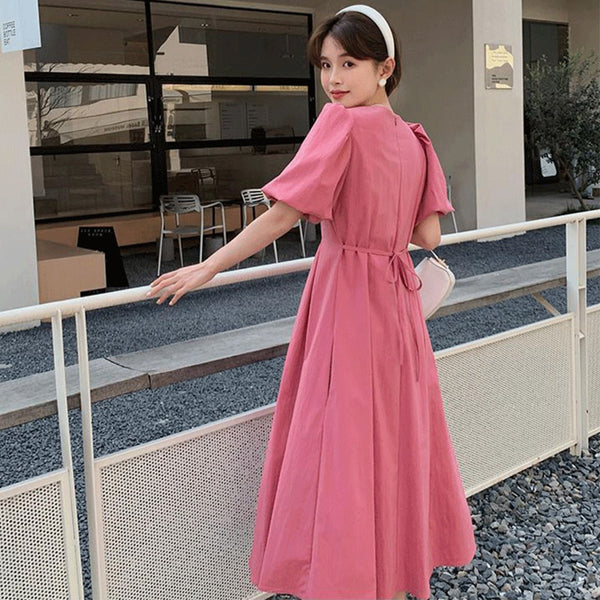 バルーンスリーブスクエアネックタックロングワンピース