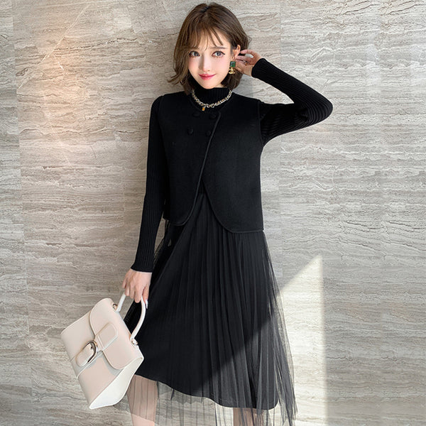 ダブルブレストニットベスト×ハイネックリブニットコンビチュールワンピース(2colors)