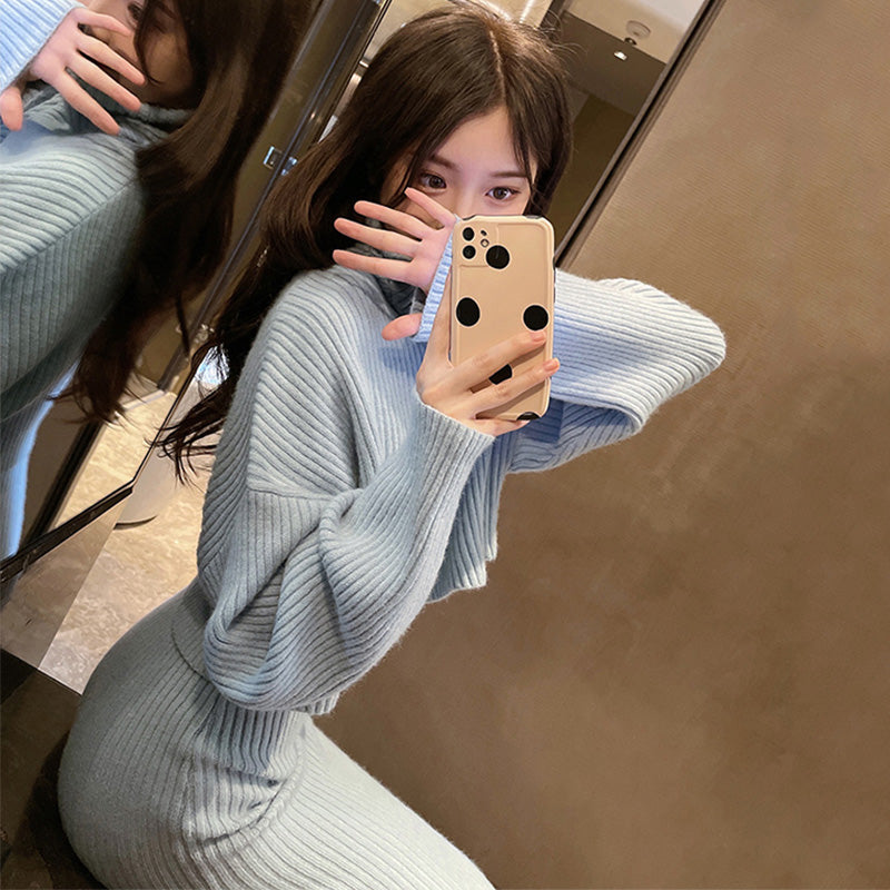 ハイネッククロップドニットトップス×ノースリーブニットワンピース(3colors)