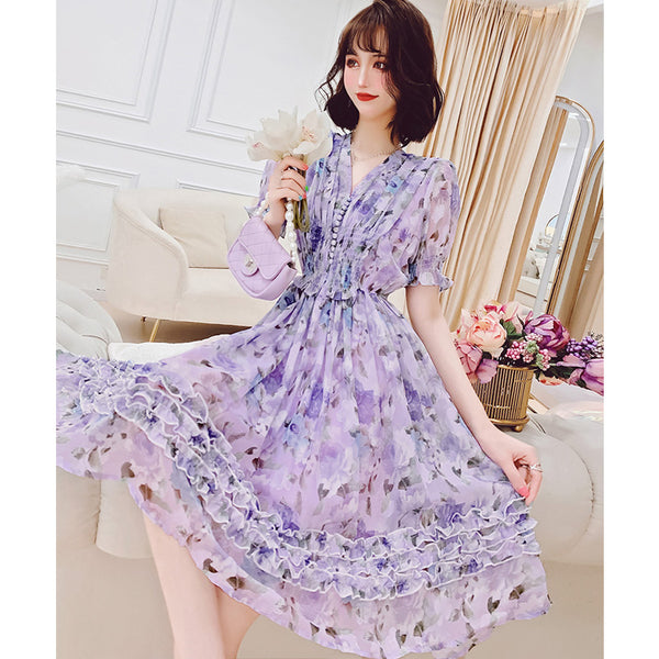 パフスリーブギャザー花柄マキシワンピース