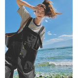 ボーダーTシャツ×アウトポケットビッグオーバーオール(3colors)