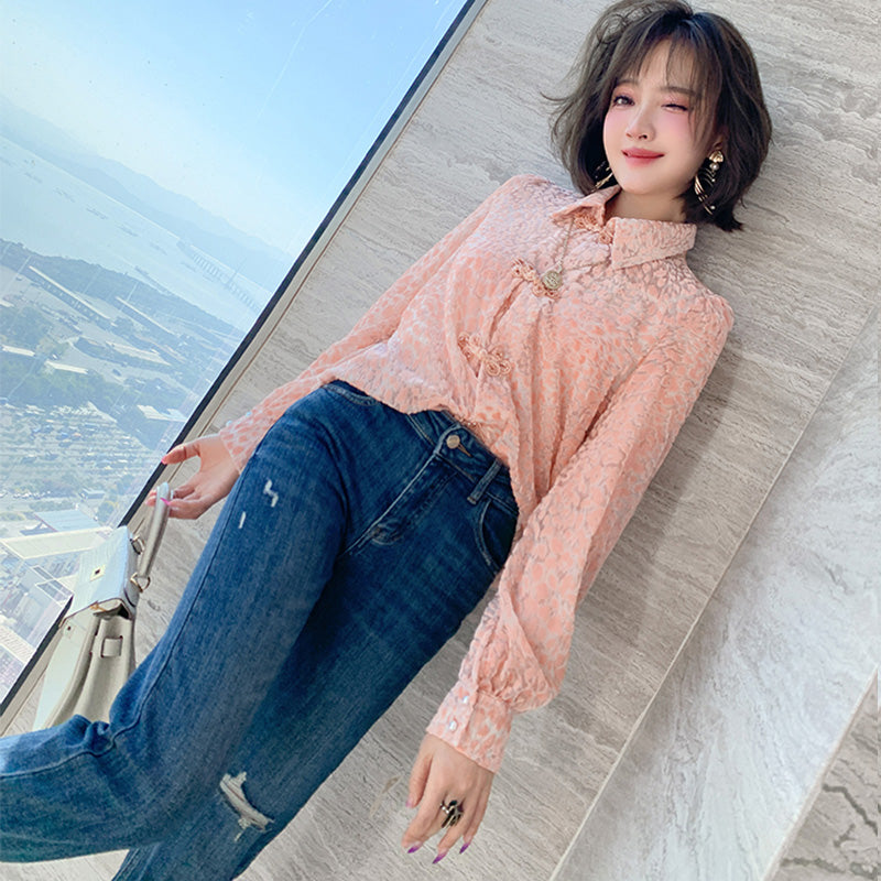 レオパード柄シアーチャイナシャツ×裾レースデニムパンツ【上下別売り可】