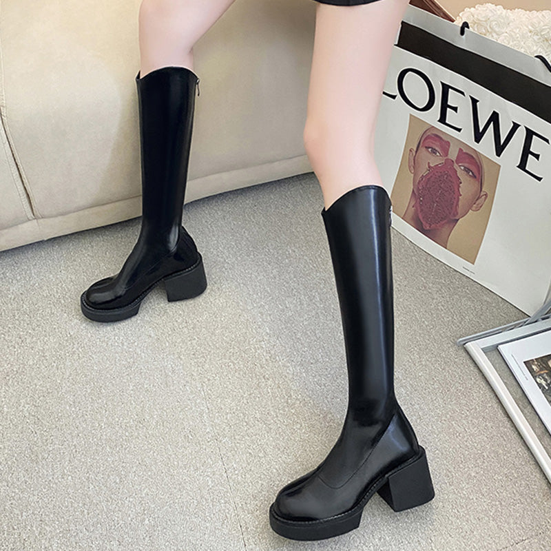 バックジッパーエコレザーブロックヒールロングブーツ(3colors)