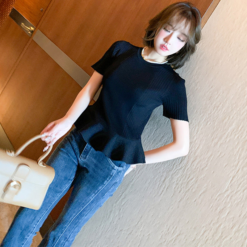 ペプラムニットトップス×チェーン付きストレートデニムパンツ【上下別売り可】