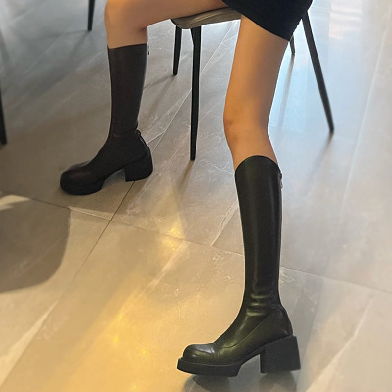 バックジッパーエコレザーブロックヒールロングブーツ(3colors)