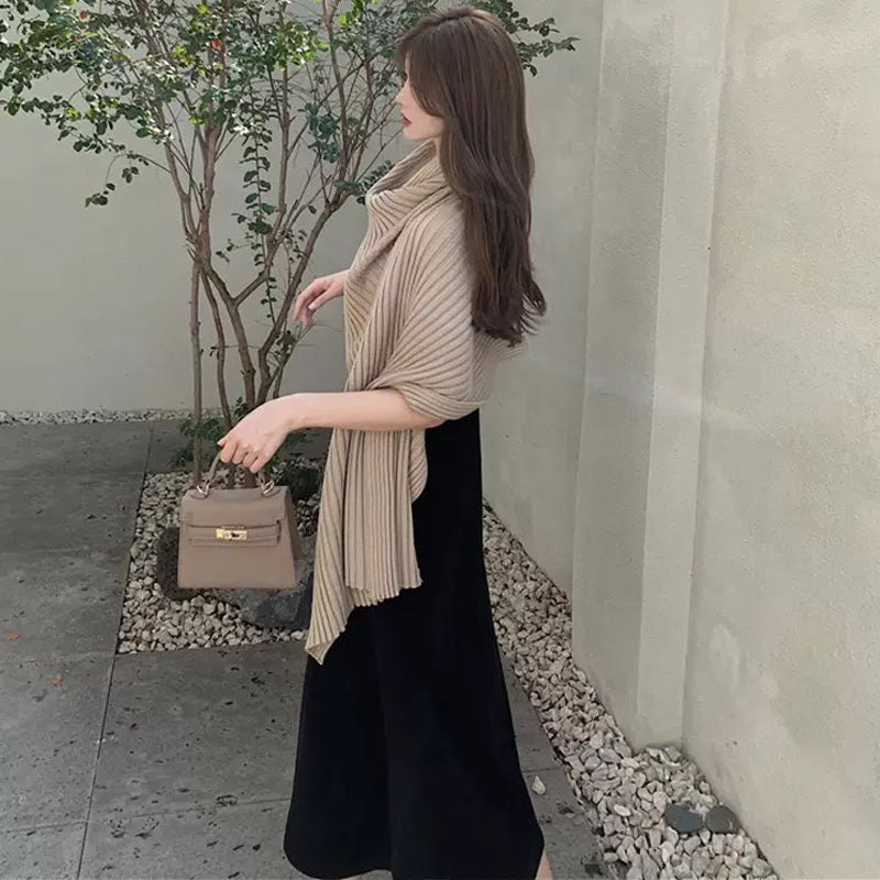 アシメショールニット×ロングワンピース
