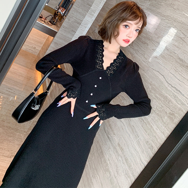 レースコンビリブニットロングワンピース(4colors)