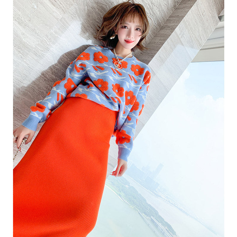 花柄ゆるニット×スリット入りニットロングスカート【上下別売り可】