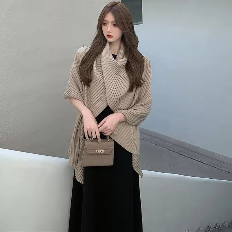 アシメショールニット×ロングワンピース
