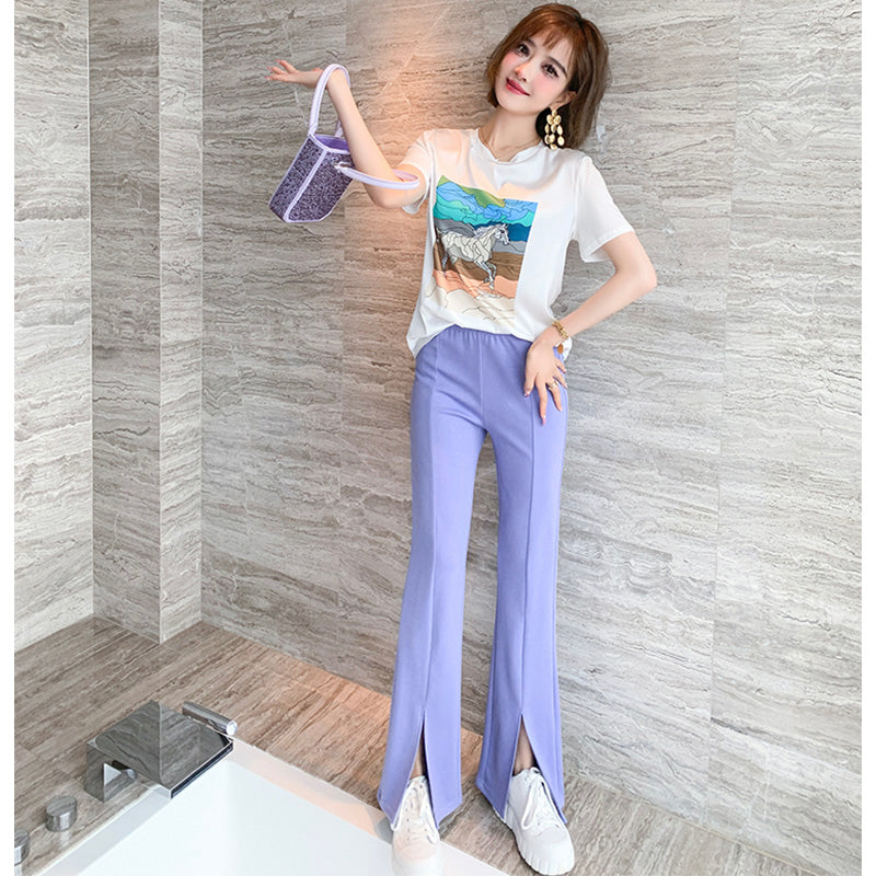 イラストプリントTシャツ×センタープレススリットフレアパンツ【上下別売り可】