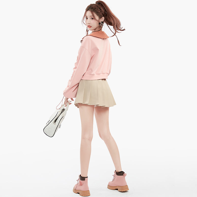 ドローストリングスリーブクロップド襟付きトップス×プリーツミニスカート【上下別売り可】