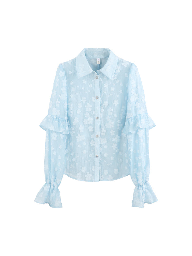 袖コンシャス花柄シアーシャツ×裾フリルミニスカート【上下別売り可】