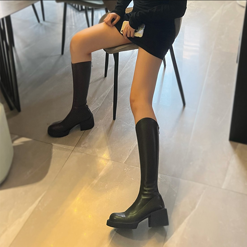 バックジッパーエコレザーブロックヒールロングブーツ(3colors)