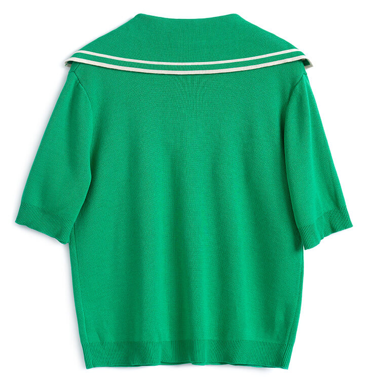 セーラーカラー半端袖ニット×ツイードポケットワイドデニムパンツ【上下別売り可】
