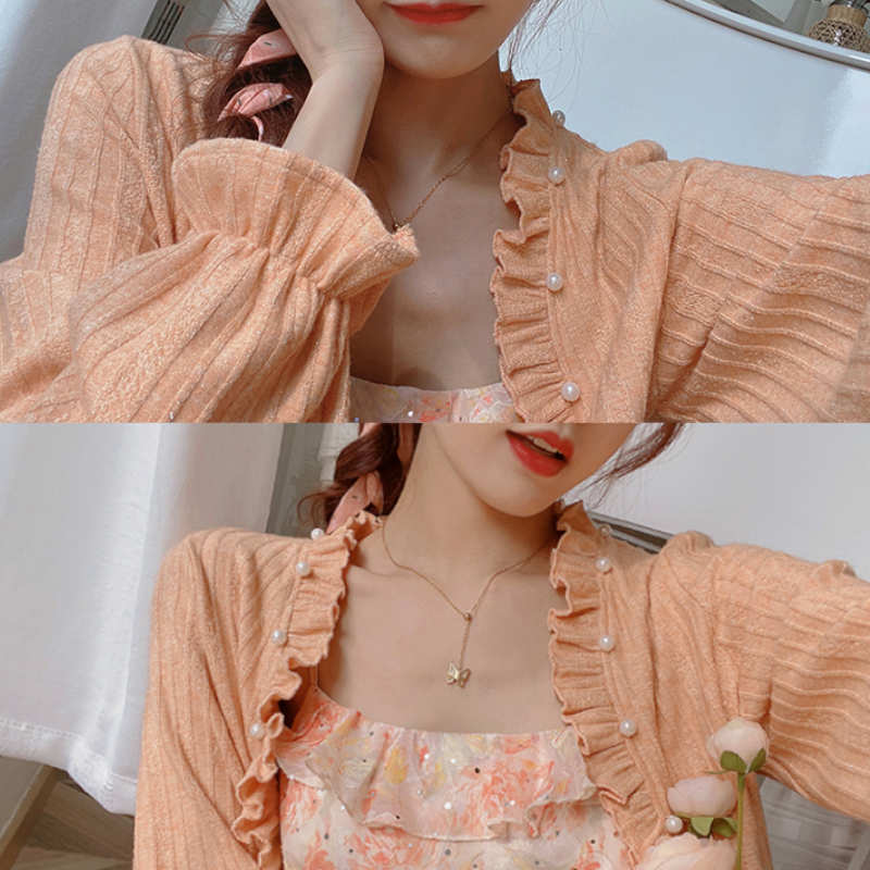 パール付きフリルニットカーディガン×フリル花柄キャミワンピース【上下別売り可】