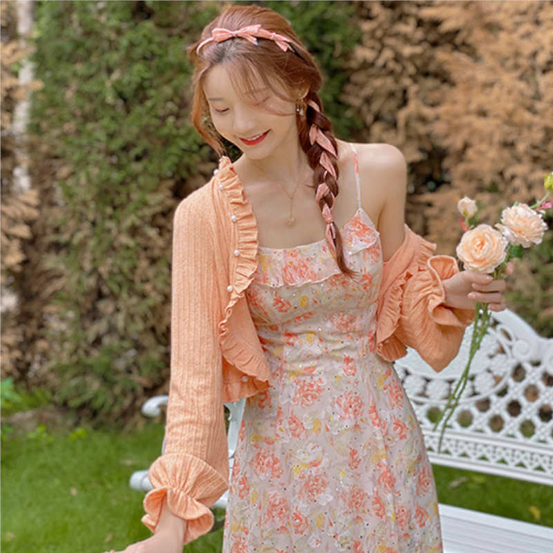 パール付きフリルニットカーディガン×フリル花柄キャミワンピース【上下別売り可】