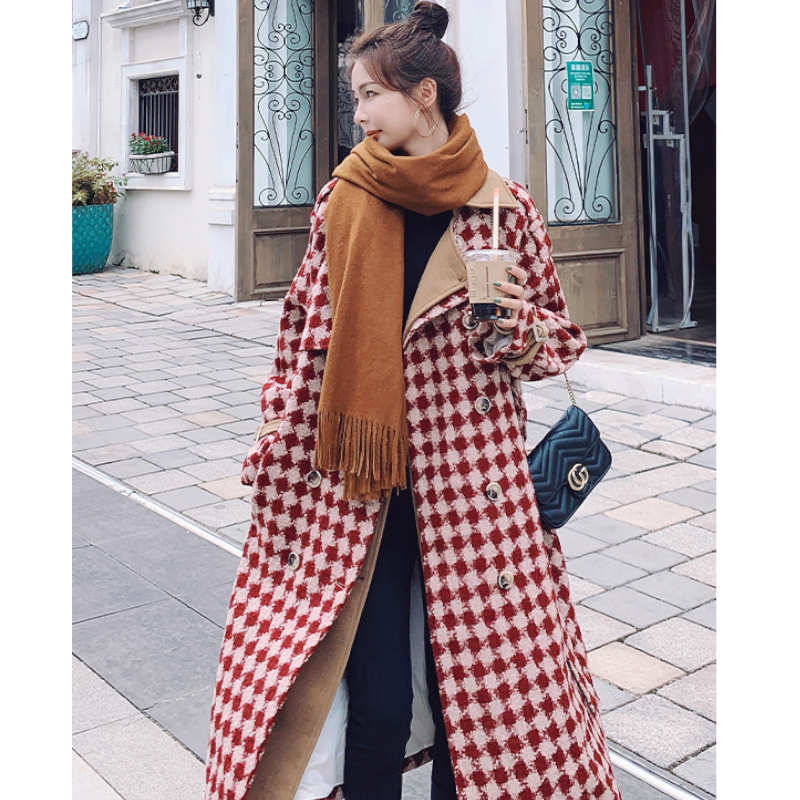 レイヤード風ダイヤチェックロングコート