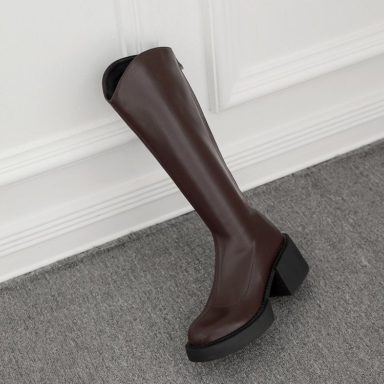 バックジッパーエコレザーブロックヒールロングブーツ(3colors)