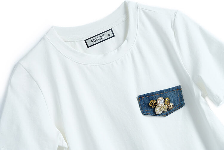 ポケット付きTシャツ×ベルト付きペイズリーコンビデニムスカート(2colors)
