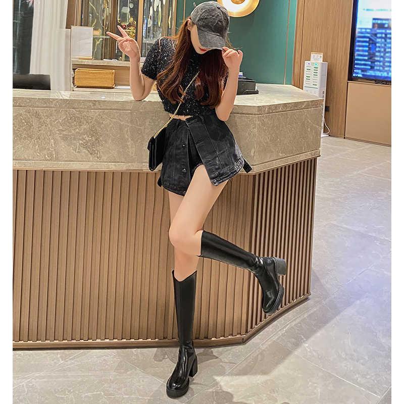 バックジッパーエコレザーブロックヒールロングブーツ(3colors)