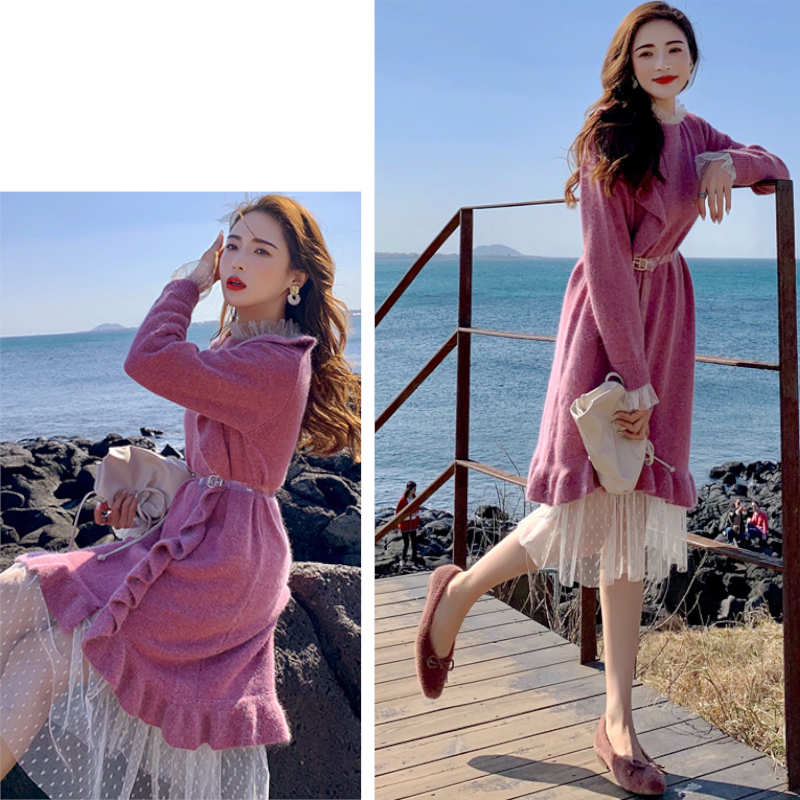 フリルニットワンピース×フリルチュールロングワンピース