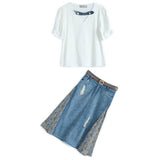 デニムベルト付き袖コンシャスTシャツ×異素材ペイズリーコンビデニムスカート