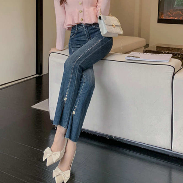 スリット入りラインストーンカットオフデニムパンツ
