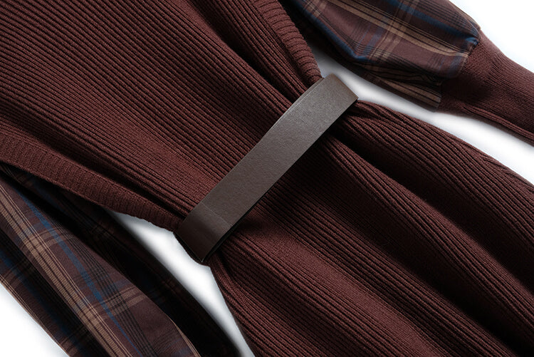 袖コンシャスチェックシャツ×ベルト付きニットベストワンピース(2colors)