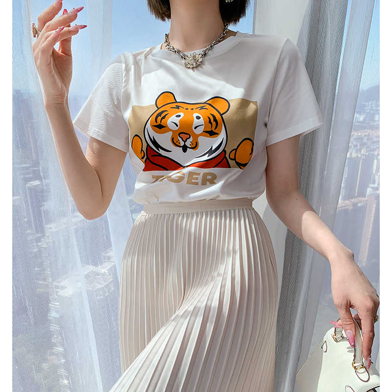タイガープリントサテン風Tシャツ×プリーツロングスカート【上下別売り可】