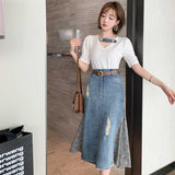 デニムベルト付き袖コンシャスTシャツ×異素材ペイズリーコンビデニムスカート