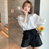 ボーダートップスコンビシャツ×ウエストリボンショートパンツ【上下別売り可】