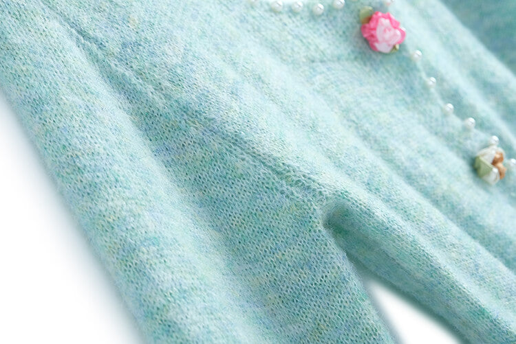 MIX編みクロップドニットカーディガン×プリントヘムデニムパンツ【上下別売り可】