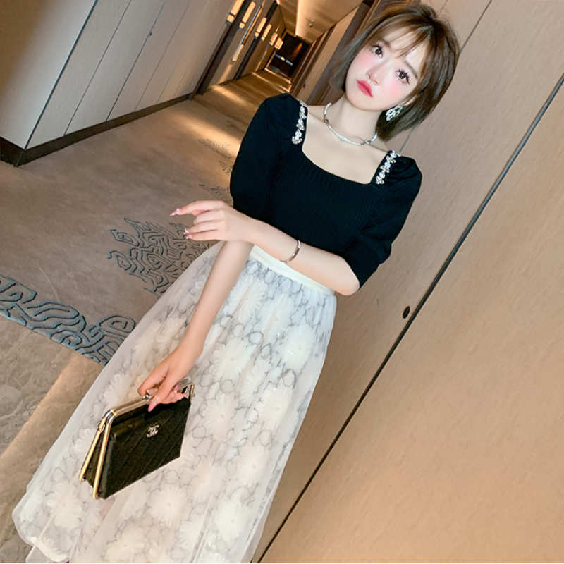 ビジューパワーショルダーニット×花柄チュールスカート【上下別売り可】