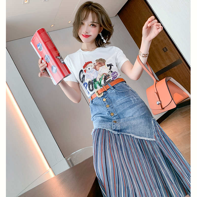 ラインストーン付ベアープリントTシャツ×ストライプドッキングデニム