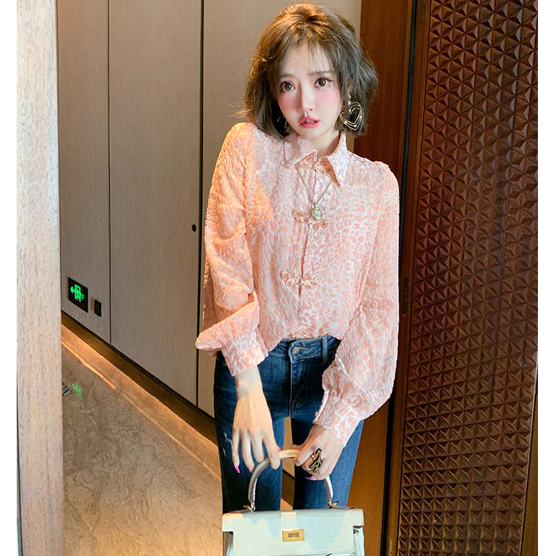 レオパード柄シアーチャイナシャツ×裾レースデニムパンツ【上下別売り可】