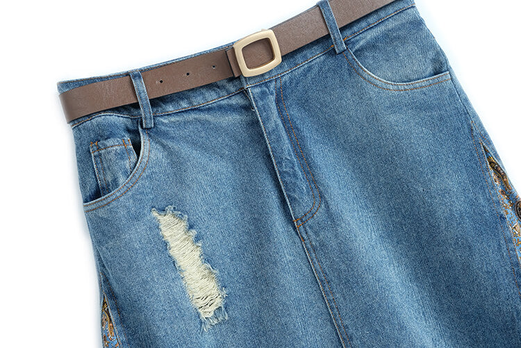 デニムベルト付き袖コンシャスTシャツ×異素材ペイズリーコンビデニムスカート