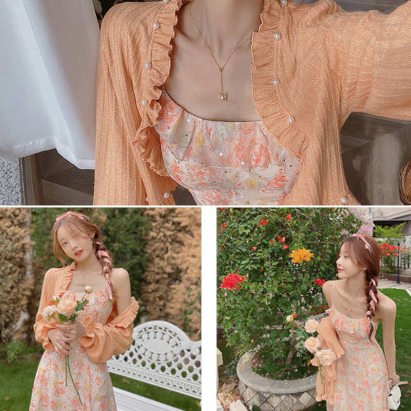 パール付きフリルニットカーディガン×フリル花柄キャミワンピース【上下別売り可】