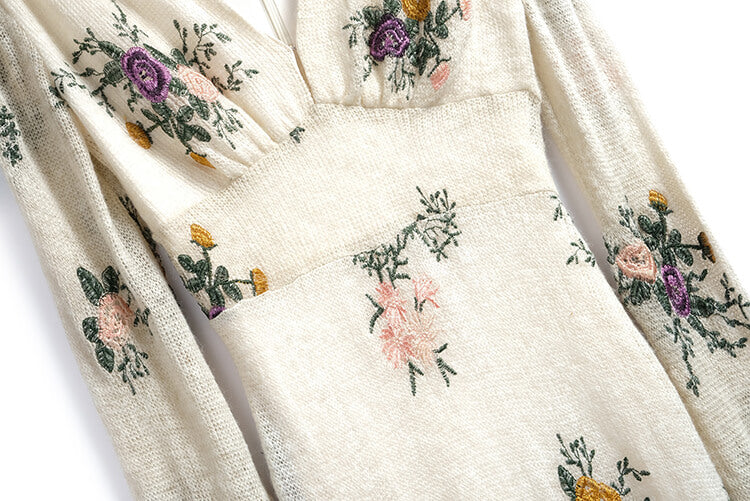 CRESCENT DUO 刺繍 綿麻 ナチュラル ロングワンピース - ワンピース