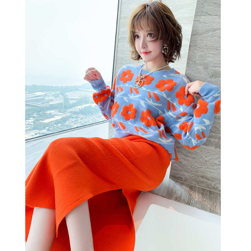 花柄ゆるニット×スリット入りニットロングスカート【上下別売り可】