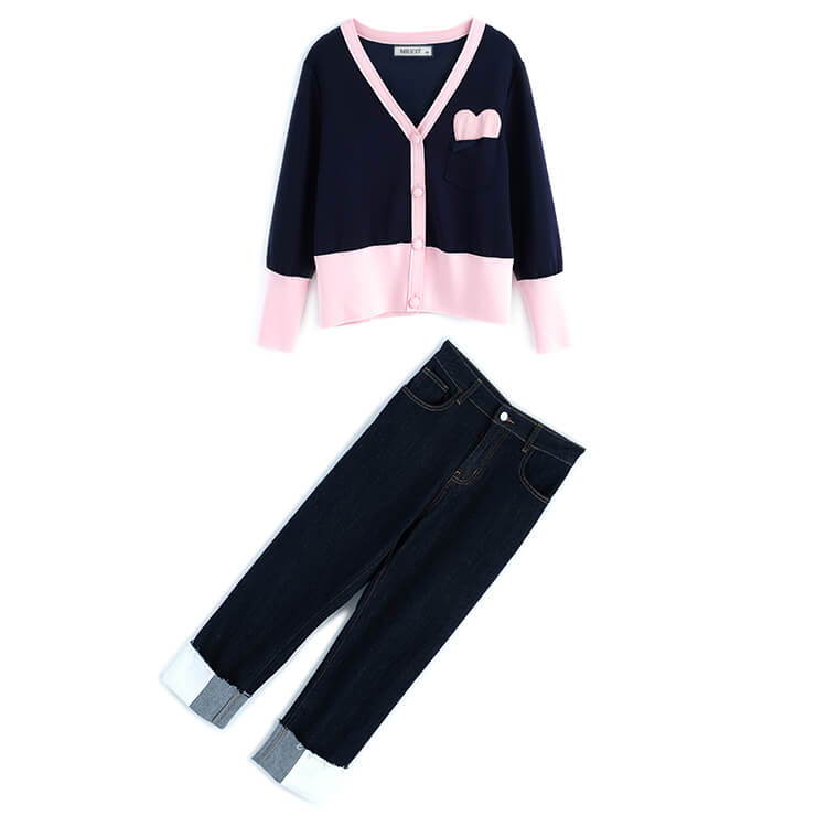 ハーフハートバイカラーカーディガン×バイカラーヘムデニムパンツ【上下別売り可】