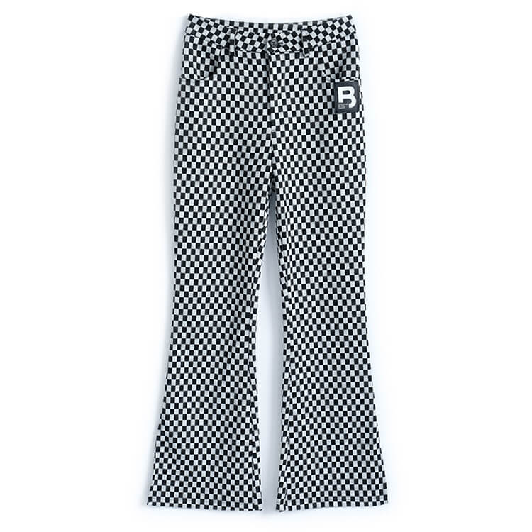 チェーン付きオープンショルダーリブトップス×スリット入りブロックチェックフレアパンツ【上下別売り可】