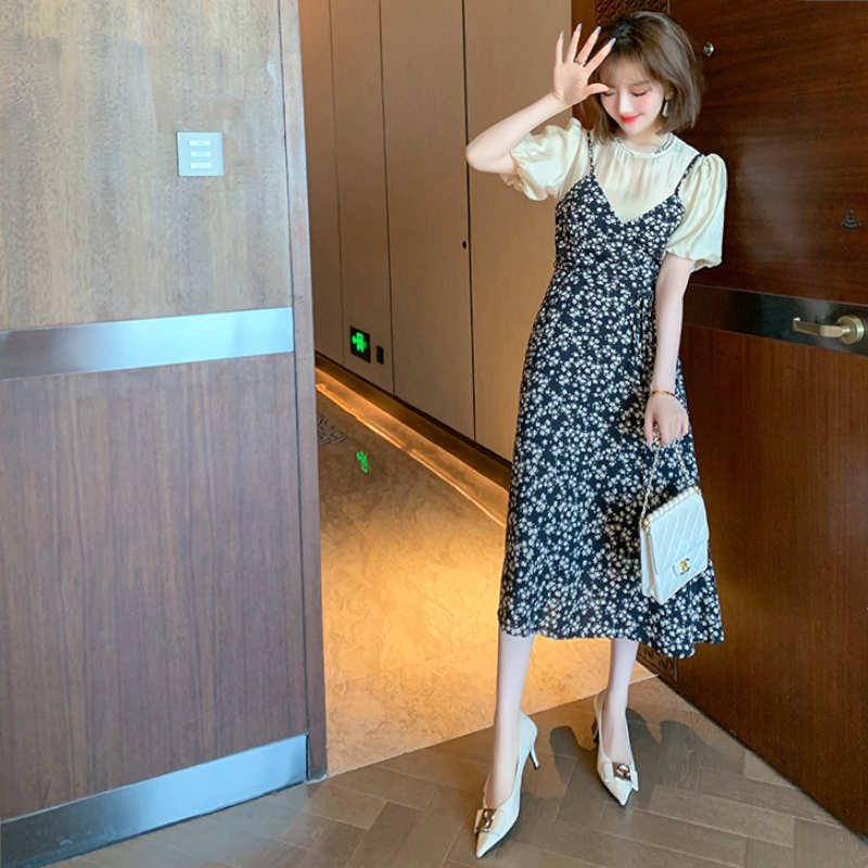 バルーンスリーブブラウスコンビ花柄ワンピース