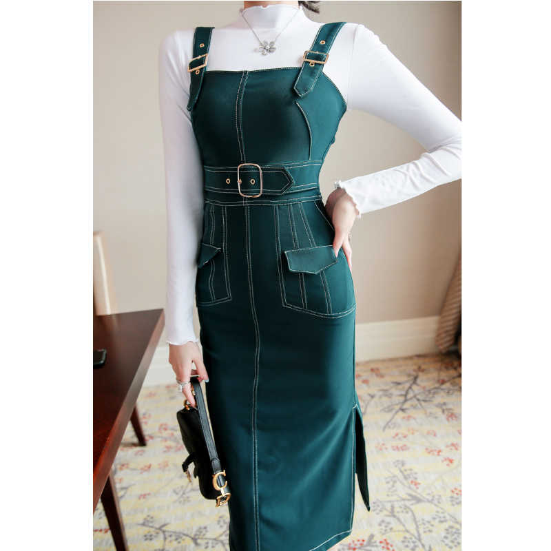 ボトルネックトップス×ステッチ入りサロペットタイトワンピース(2colors)