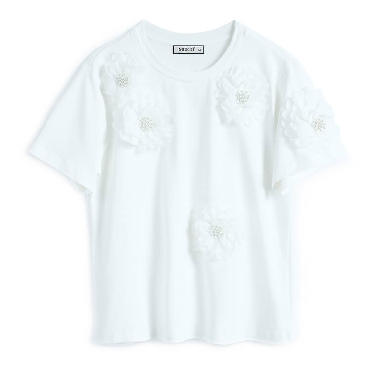 フラワーモチーフ付きTシャツ×ウォーターカラープリントフレアスカート【上下別売り可】
