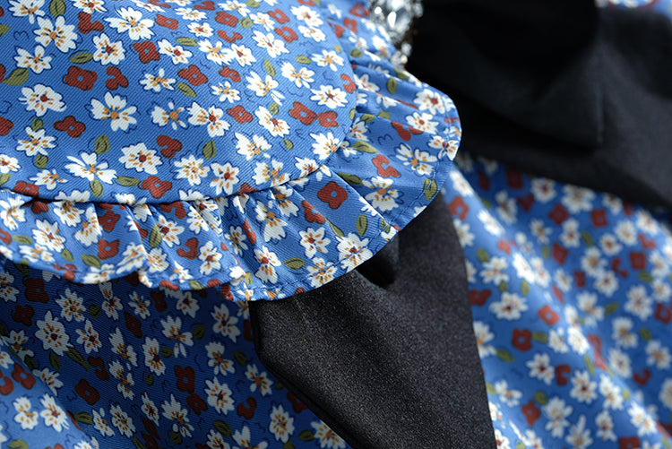 フリルニットカーディガン×ビッグカラー花柄裾フリルワンピース(2colors)