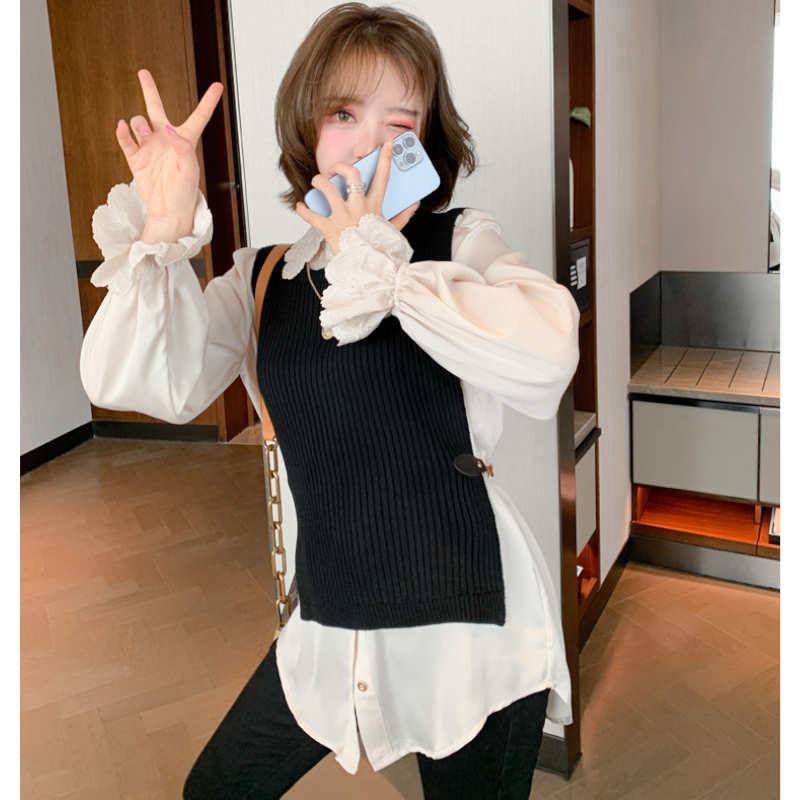 スカラップカラーシャツ×サイドベストニットベスト×スキニーパンツ【上下別売り可】